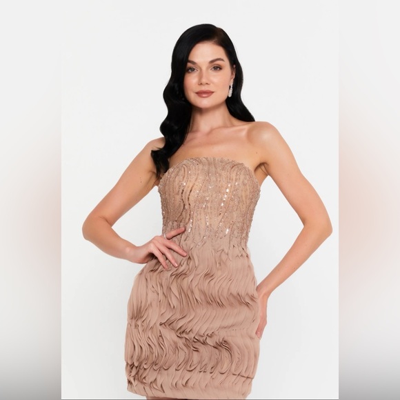 Beige Strapless Beaded Cocktail Dress – EU 36